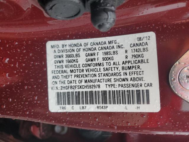 Photo 12 VIN: 2HGFB2F5XCH592978 - HONDA CIVIC LX 