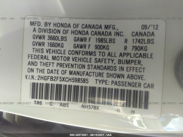 Photo 8 VIN: 2HGFB2F5XCH598585 - HONDA CIVIC SDN 