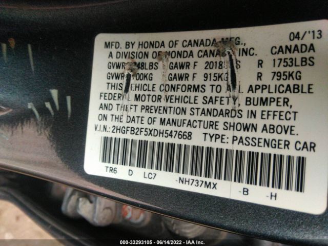 Photo 8 VIN: 2HGFB2F5XDH547668 - HONDA CIVIC SDN 