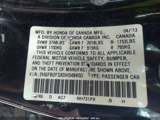 Photo 8 VIN: 2HGFB2F5XDH548450 - HONDA CIVIC SDN 