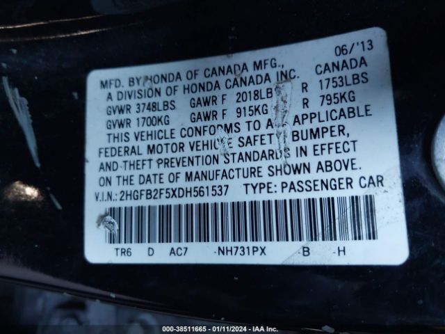 Photo 8 VIN: 2HGFB2F5XDH561537 - HONDA CIVIC 