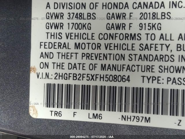 Photo 8 VIN: 2HGFB2F5XFH508064 - HONDA CIVIC SEDAN 