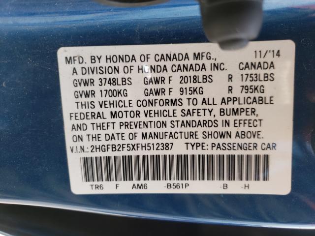 Photo 9 VIN: 2HGFB2F5XFH512387 - HONDA CIVIC LX 