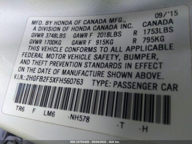 Photo 8 VIN: 2HGFB2F5XFH560763 - HONDA CIVIC SEDAN 