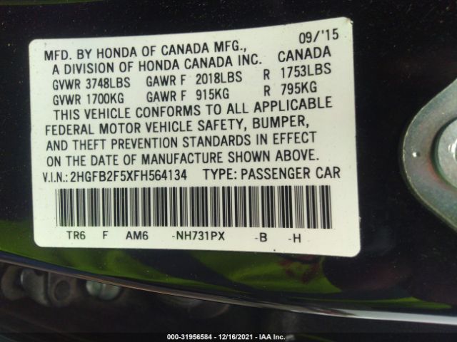 Photo 8 VIN: 2HGFB2F5XFH564134 - HONDA CIVIC SEDAN 