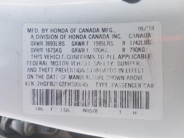 Photo 9 VIN: 2HGFB2F62FH500646 - HONDA CIVIC HF 