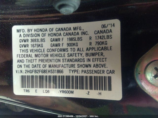 Photo 8 VIN: 2HGFB2F68EH531866 - HONDA CIVIC SEDAN 