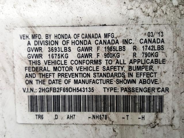 Photo 9 VIN: 2HGFB2F69DH543135 - HONDA CIVIC HF 