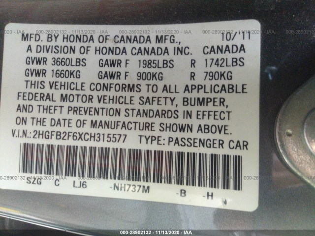 Photo 8 VIN: 2HGFB2F6XCH315577 - HONDA CIVIC SDN 