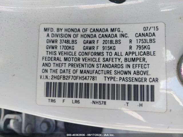 Photo 8 VIN: 2HGFB2F70FH547781 - HONDA CIVIC 