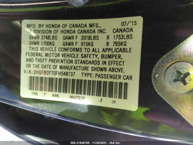 Photo 8 VIN: 2HGFB2F70FH548137 - HONDA CIVIC SEDAN 