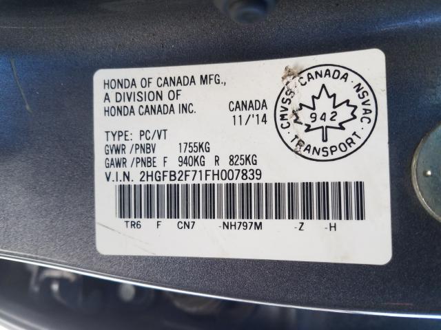 Photo 9 VIN: 2HGFB2F71FH007839 - HONDA CIVIC SE 