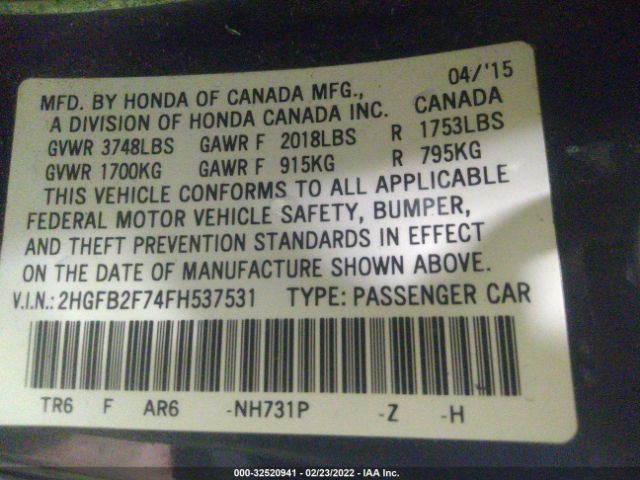 Photo 8 VIN: 2HGFB2F74FH537531 - HONDA CIVIC SEDAN 