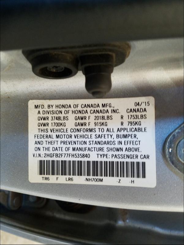 Photo 9 VIN: 2HGFB2F77FH535840 - HONDA CIVIC SE 