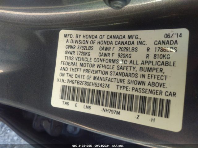 Photo 8 VIN: 2HGFB2F80EH534374 - HONDA CIVIC SEDAN 