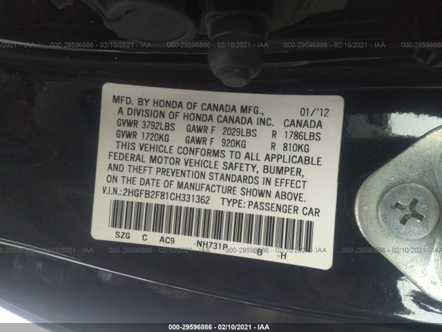 Photo 8 VIN: 2HGFB2F81CH331362 - HONDA CIVIC SDN 