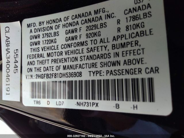 Photo 8 VIN: 2HGFB2F81DH536908 - HONDA CIVIC SDN 