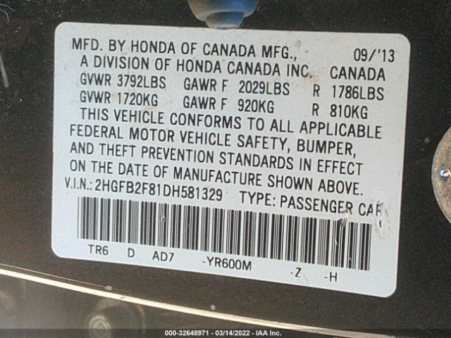 Photo 8 VIN: 2HGFB2F81DH581329 - HONDA CIVIC SDN 