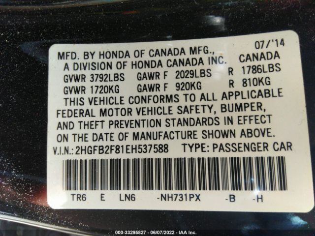 Photo 8 VIN: 2HGFB2F81EH537588 - HONDA CIVIC SEDAN 