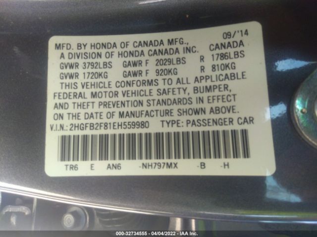 Photo 8 VIN: 2HGFB2F81EH559980 - HONDA CIVIC SEDAN 