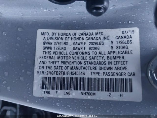 Photo 8 VIN: 2HGFB2F81FH545546 - HONDA CIVIC 