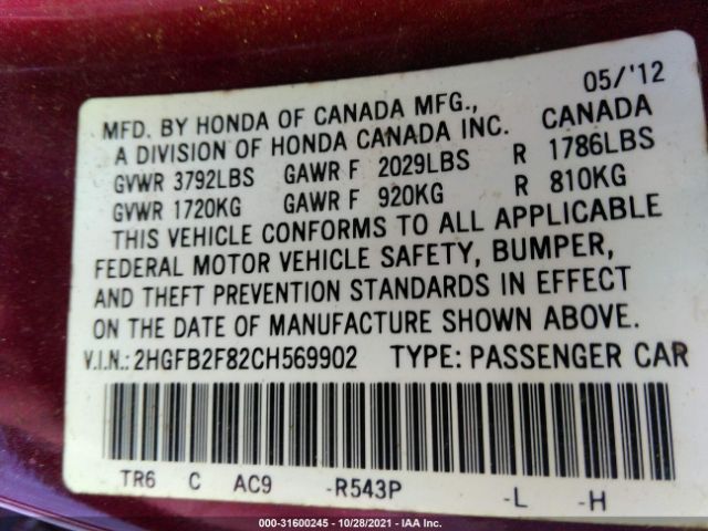 Photo 8 VIN: 2HGFB2F82CH569902 - HONDA CIVIC SDN 