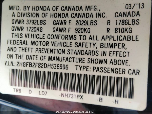 Photo 8 VIN: 2HGFB2F82DH536996 - HONDA CIVIC SDN 