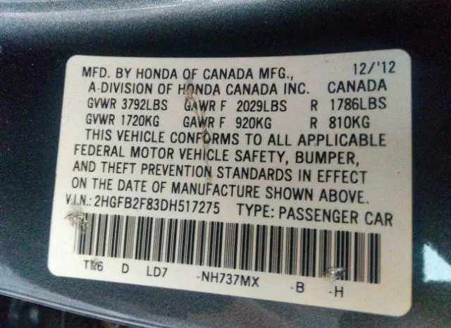 Photo 8 VIN: 2HGFB2F83DH517275 - HONDA CIVIC SDN 