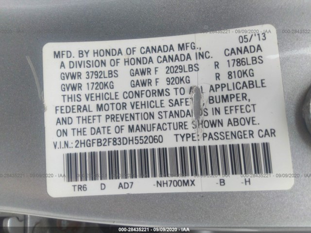 Photo 8 VIN: 2HGFB2F83DH552060 - HONDA CIVIC SDN 