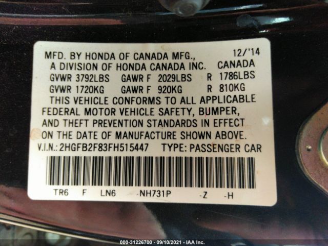 Photo 8 VIN: 2HGFB2F83FH515447 - HONDA CIVIC SEDAN 