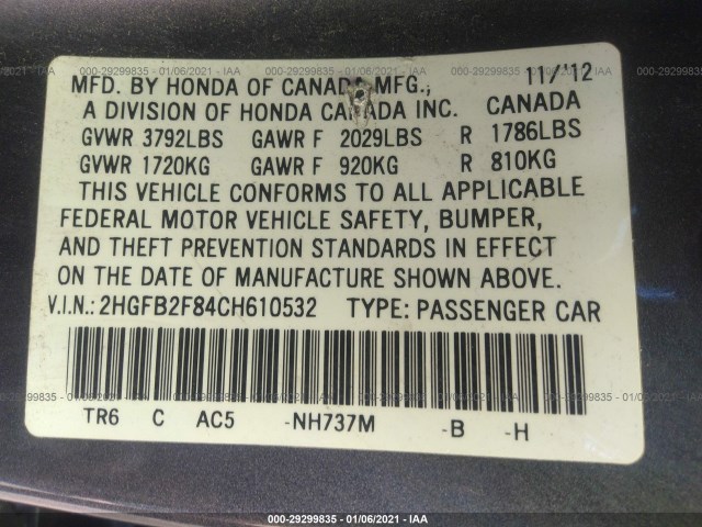 Photo 8 VIN: 2HGFB2F84CH610532 - HONDA CIVIC SDN 