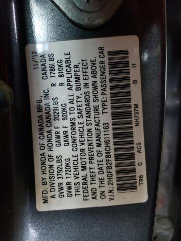 Photo 12 VIN: 2HGFB2F84CH611163 - HONDA CIVIC EX 