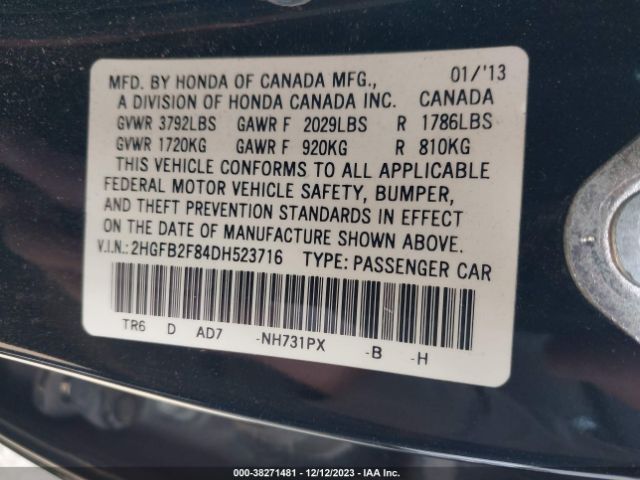 Photo 8 VIN: 2HGFB2F84DH523716 - HONDA CIVIC SDN 