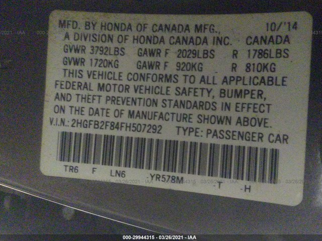 Photo 8 VIN: 2HGFB2F84FH507292 - HONDA CIVIC SEDAN 