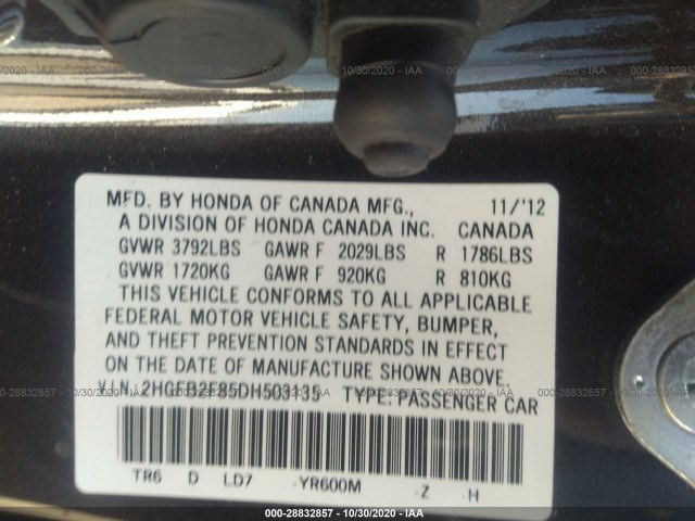 Photo 8 VIN: 2HGFB2F85DH503135 - HONDA CIVIC SDN 