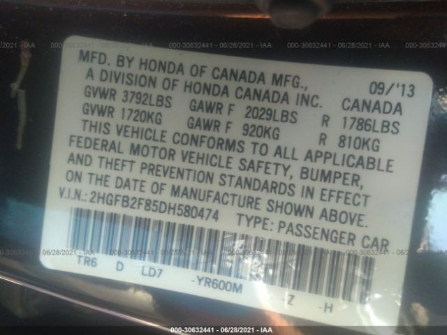 Photo 8 VIN: 2HGFB2F85DH580474 - HONDA CIVIC SDN 