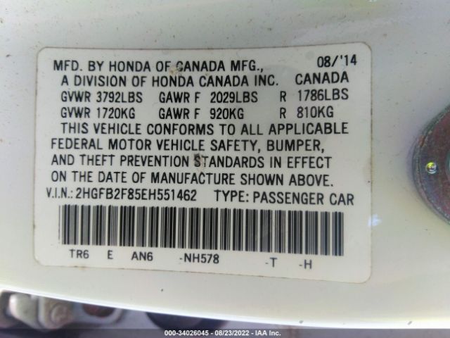 Photo 8 VIN: 2HGFB2F85EH551462 - HONDA CIVIC SEDAN 