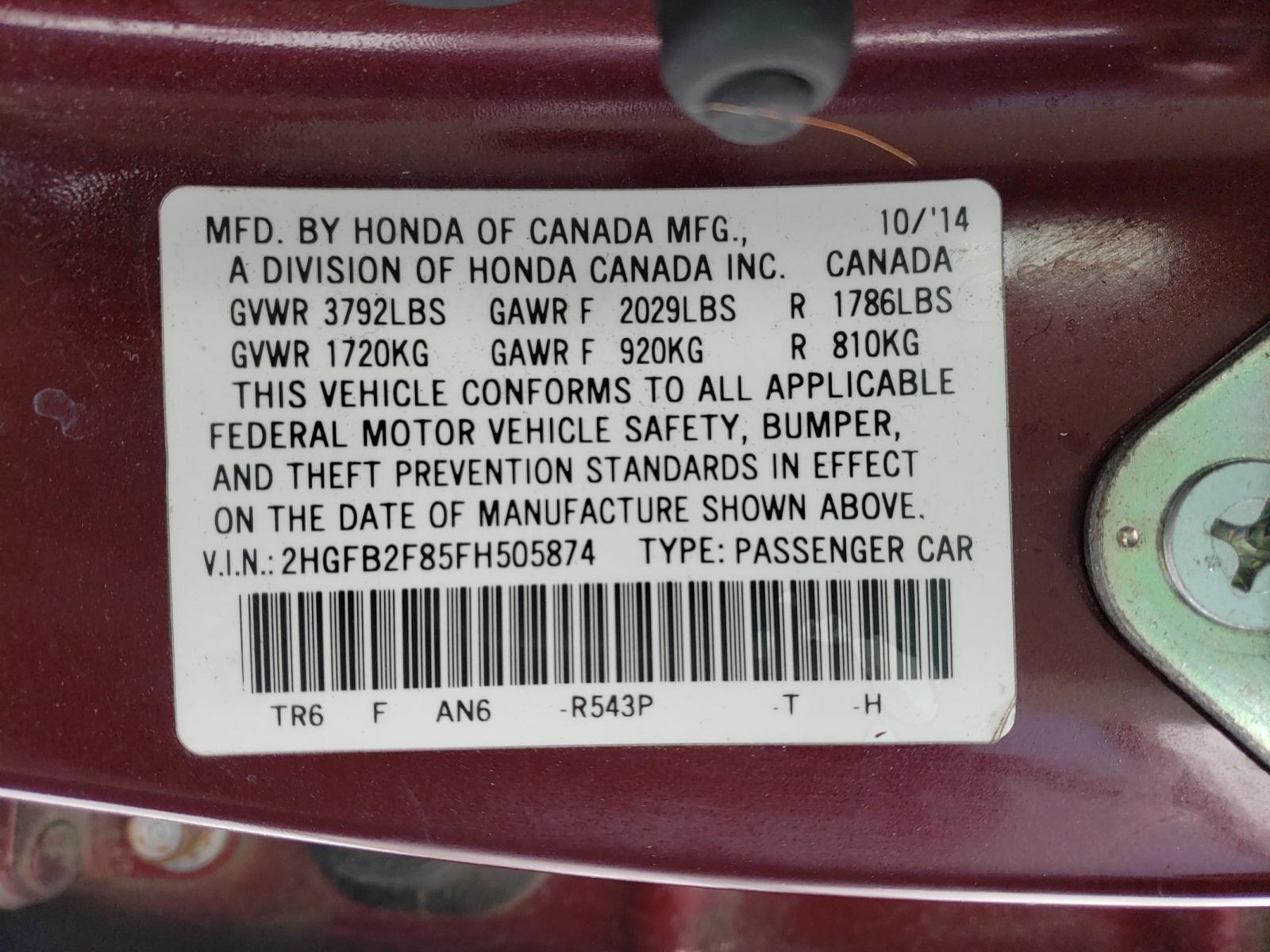 Photo 9 VIN: 2HGFB2F85FH505874 - HONDA CIVIC EX 