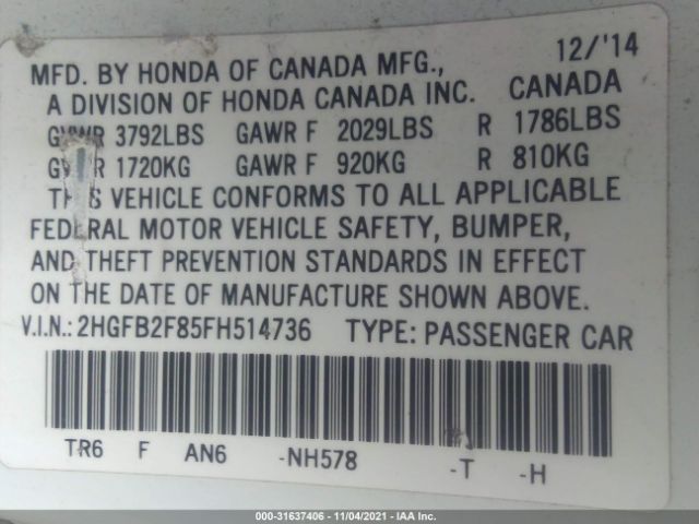 Photo 8 VIN: 2HGFB2F85FH514736 - HONDA CIVIC SEDAN 