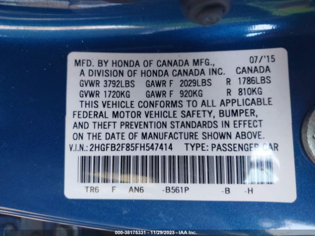 Photo 8 VIN: 2HGFB2F85FH547414 - HONDA CIVIC 