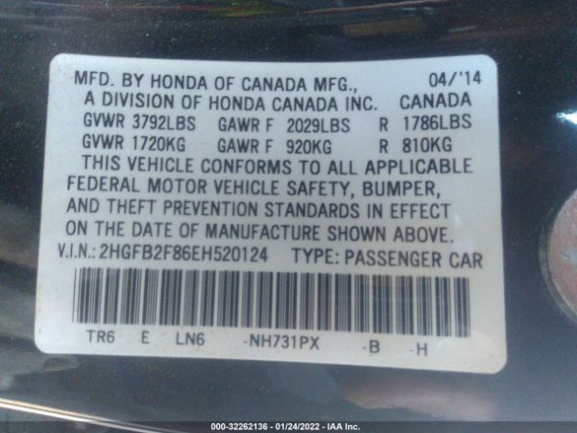 Photo 8 VIN: 2HGFB2F86EH520124 - HONDA CIVIC SEDAN 