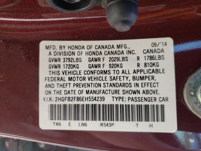 Photo 9 VIN: 2HGFB2F86EH554239 - HONDA CIVIC EX 