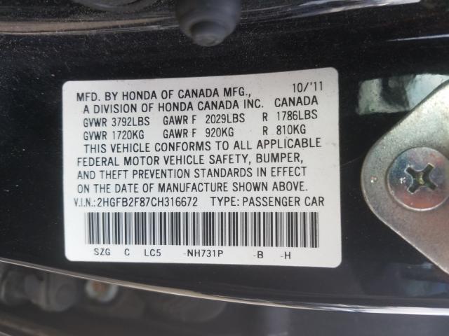 Photo 9 VIN: 2HGFB2F87CH316672 - HONDA CIVIC EX 