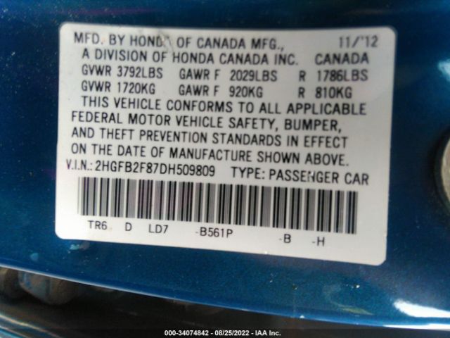 Photo 8 VIN: 2HGFB2F87DH509809 - HONDA CIVIC SDN 