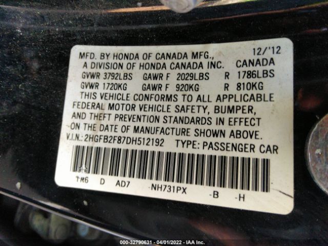 Photo 8 VIN: 2HGFB2F87DH512192 - HONDA CIVIC SDN 