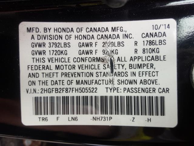 Photo 9 VIN: 2HGFB2F87FH505522 - HONDA CIVIC EX 