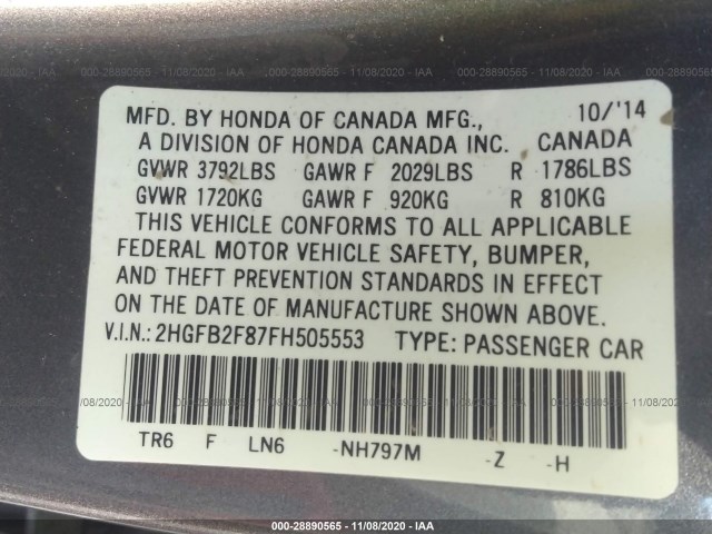 Photo 8 VIN: 2HGFB2F87FH505553 - HONDA CIVIC SEDAN 