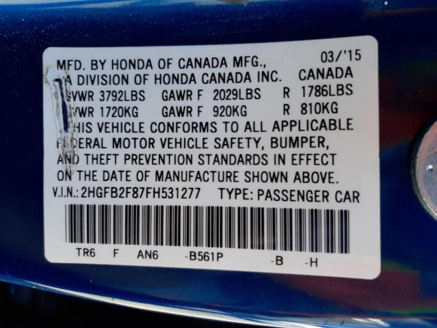 Photo 9 VIN: 2HGFB2F87FH531277 - HONDA CIVIC EX 