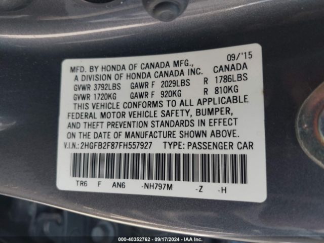 Photo 8 VIN: 2HGFB2F87FH557927 - HONDA CIVIC 