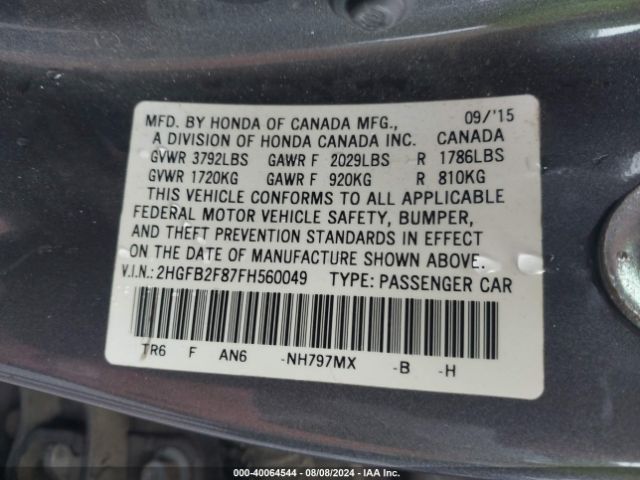 Photo 8 VIN: 2HGFB2F87FH560049 - HONDA CIVIC 